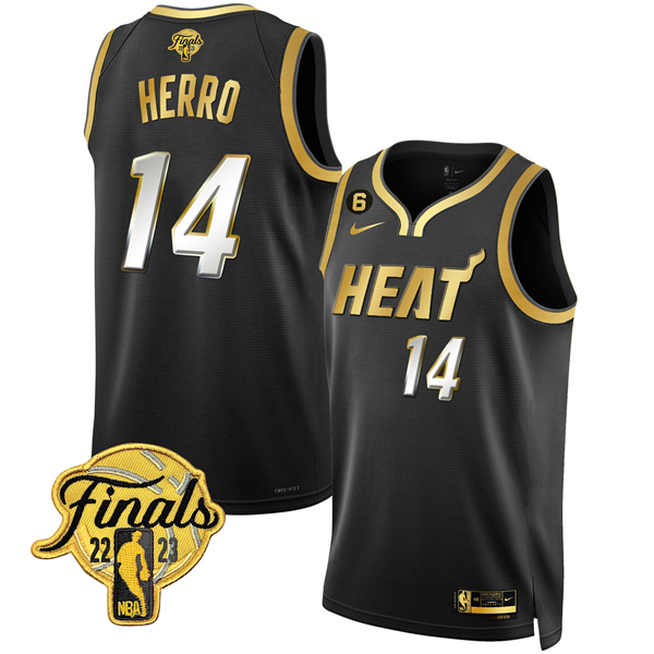 Men's Miami Heat #14 Tyler Herro Black Gold Edition 2023 Finals Collection With NO.6 Patch Stitched Basketball Jersey